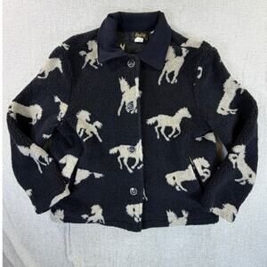 David Paul New York Women M Black Tan Vintage Western Horse Print Fleece Jacket